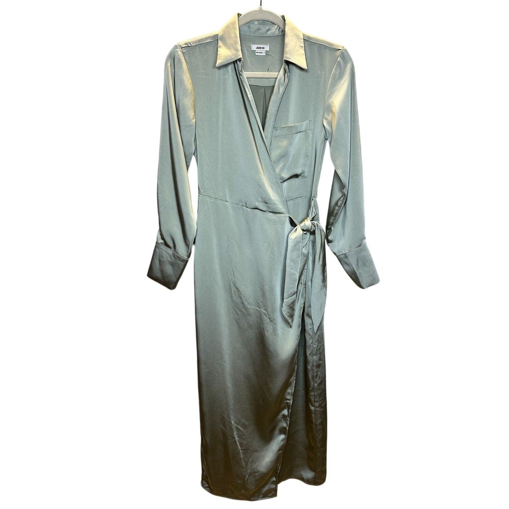 Jason Wu Wrap Dress Womens XS Sage Green Satin Long Sleeve Midi WT4255-300-EPA